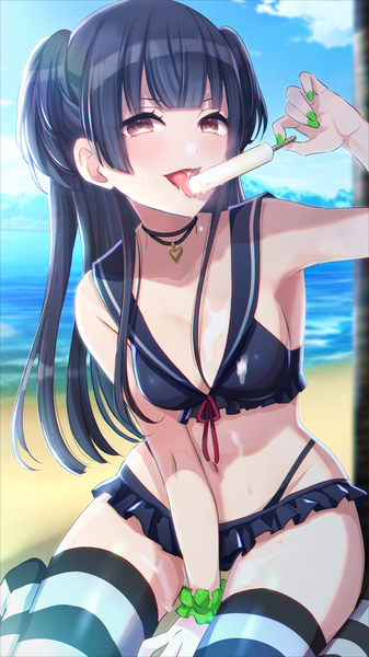 Anime picture 1242x2208 with idolmaster idolmaster shiny colors mayuzumi fuyuko yoi r single long hair tall image looking at viewer blush fringe breasts light erotic black hair sitting holding brown eyes sky cloud (clouds) outdoors blunt bangs