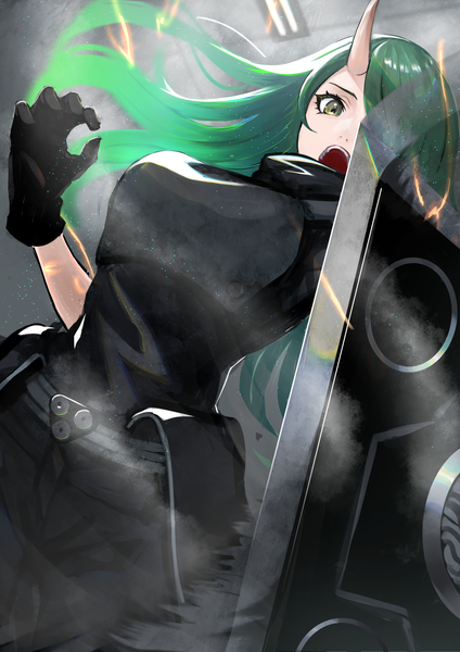Anime picture 1447x2047 with arknights hoshiguma (arknights) asagon007 single long hair tall image looking at viewer fringe open mouth standing green eyes horn (horns) green hair hair over one eye from below floating hair oni horns girl gloves black gloves