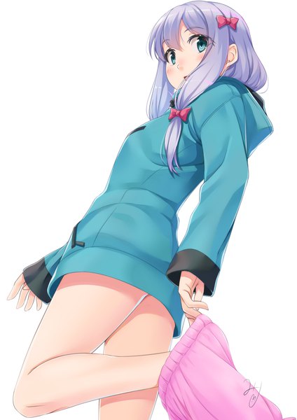 Anime picture 827x1169 with eromanga sensei a-1 pictures izumi sagiri miri (ago550421) single long hair tall image blush open mouth light erotic simple background white background purple hair looking back aqua eyes from below undressing girl bow hair bow