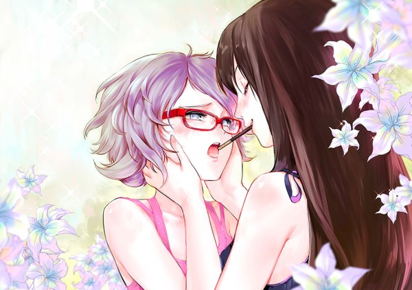 Anime picture 1280x904 with original asuka111 long hair blush short hair open mouth blue eyes brown hair multiple girls purple hair eyes closed embarrassed shoujo ai hand on cheek hands on face pocky kiss girl flower (flowers) 2 girls glasses