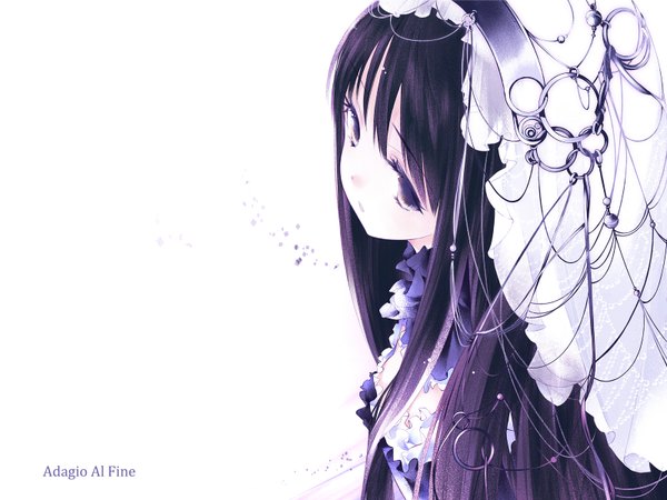 Anime picture 1600x1200 with original sumi keiichi single long hair black hair simple background white background looking away from above black eyes girl veil