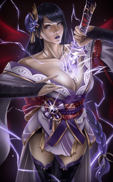 Anime picture 3200x5140 with genshin impact raiden shogun wtparadiseart single long hair tall image looking at viewer fringe highres breasts light erotic simple background large breasts standing purple eyes holding signed absurdres purple hair braid (braids)