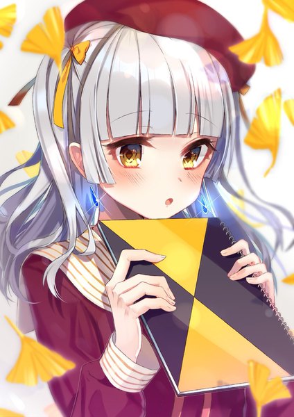 Anime picture 1024x1448 with original tyanotya single long hair tall image blush fringe open mouth holding yellow eyes payot silver hair upper body blunt bangs sparkle two side up girl uniform earrings serafuku