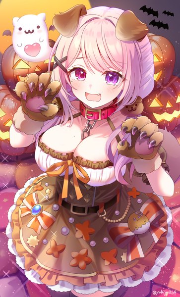 Anime picture 2479x4093 with virtual youtuber indie virtual youtuber amagasa noaru yobi (yobiyobi4) single long hair tall image highres breasts open mouth light erotic large breasts animal ears pink hair cleavage mole sparkle fang (fangs) mole under eye heterochromia