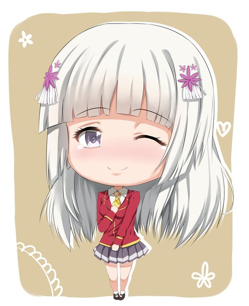 Anime picture 1225x1505 with noucome kokubyakuin seira hews single long hair tall image smile white hair one eye closed wink chibi silver eyes girl skirt uniform hair ornament school uniform