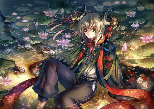 Anime picture 1000x707 with original noki (affabile) single short hair sitting green eyes horn (horns) grey hair boy flower (flowers) ribbon (ribbons) petals water scarf bell pants fish (fishes) water lily