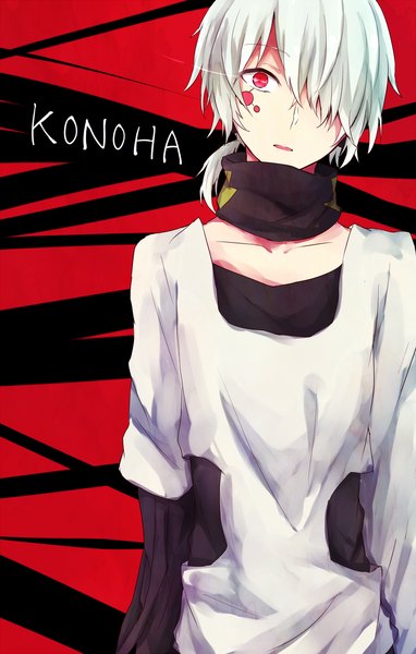 Anime picture 900x1414 with kagerou project shaft (studio) konoha (kagerou project) ringomaru single tall image looking at viewer fringe short hair open mouth red eyes silver hair hair over one eye character names facial mark boy