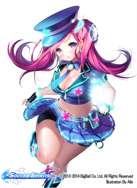 Anime picture 700x960 with soccer spirits aile (crossroads) long hair tall image breasts blue eyes light erotic simple background twintails pink hair cleavage pink eyes glowing girl uniform hat necktie star (symbol) crop top flat cap