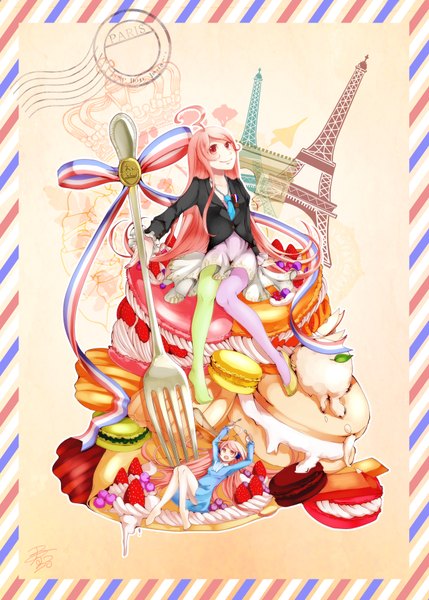 Anime picture 1296x1812 with vocaloid miki (vocaloid) harunohotaru long hair tall image red eyes pink hair girl dress food sweets berry (berries) strawberry fork cream