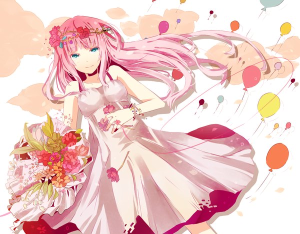 Anime picture 1280x1000 with vocaloid megurine luka itamidome single long hair smile pink hair cloud (clouds) lying aqua eyes crying girl dress flower (flowers) balloon