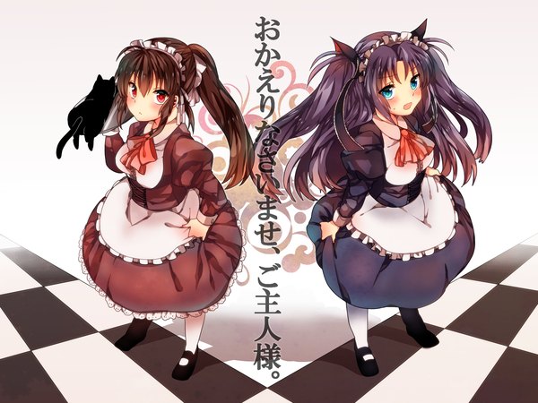 Anime picture 1600x1200 with little busters! key (studio) natsume rin sasasegawa sasami juri (nattoutomato) long hair blush blue eyes red eyes brown hair multiple girls purple hair ponytail maid two side up girl ribbon (ribbons) 2 girls hair ribbon headdress