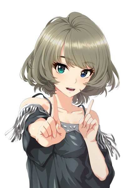 Anime picture 1500x2040 with idolmaster idolmaster cinderella girls takagaki kaede infinote single tall image looking at viewer short hair open mouth blue eyes simple background brown hair white background bare shoulders green eyes heterochromia outstretched hand koi dance girl