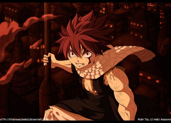 Anime picture 1600x1152 with fairy tail natsu dragneel iitheyahikodarkii single short hair red eyes red hair sleeveless grin torn clothes coloring city letterboxed muscle angry boy scarf building (buildings) blood