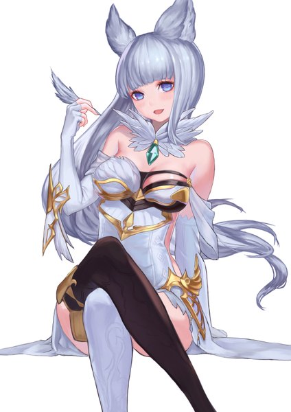 イラスト 2480x3507 と グランブルーファンタジー korwa (granblue fantasy) 收訊不良 ソロ 長髪 長身像 カメラ目線 赤面 前髪 highres おっぱい 開いた口 青い目 light erotic simple background 笑顔 大きな乳房 白背景 座る 肩出し