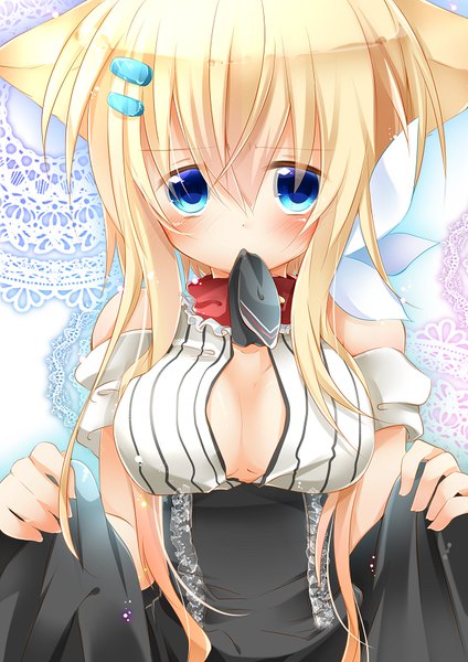 Anime picture 600x848 with original kazato fuuchi single tall image looking at viewer blush fringe short hair breasts blue eyes light erotic blonde hair hair between eyes bare shoulders holding animal ears payot upper body fox ears mouth hold