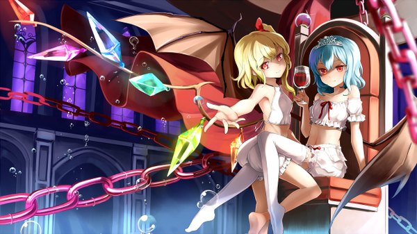 Anime picture 1288x724 with touhou flandre scarlet remilia scarlet emerane looking at viewer short hair blue eyes blonde hair red eyes wide image sitting multiple girls blue hair girl thighhighs 2 girls white thighhighs wings chain bubble (bubbles)