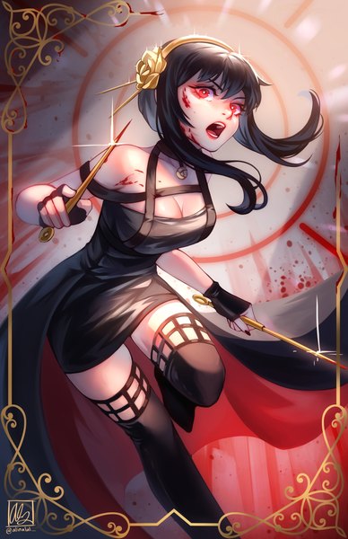 Anime-Bild 3300x5100 mit spy x family yor briar alina l single long hair tall image looking at viewer fringe highres breasts open mouth black hair hair between eyes red eyes large breasts standing bare shoulders holding signed absurdres