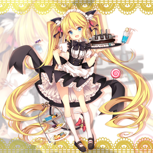 Anime picture 1435x1432 with warship girls r andrea doria (warship girls r) jianren single looking at viewer blush fringe open mouth blue eyes blonde hair twintails animal ears ahoge tail very long hair animal tail cat ears maid cat girl cat tail