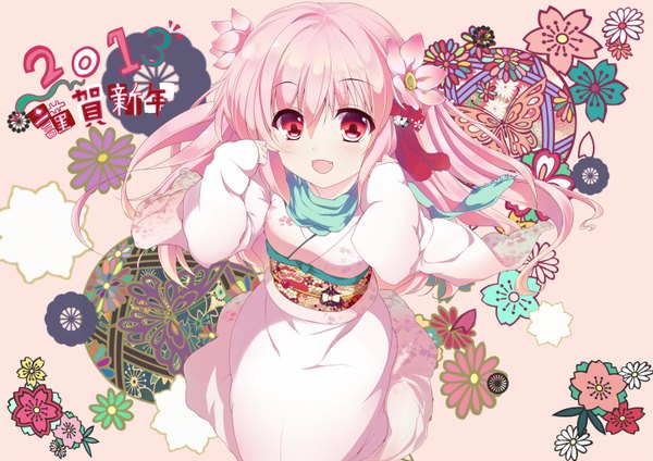 Anime picture 1478x1046 with original kyona (konakona) single long hair looking at viewer fringe open mouth hair between eyes red eyes pink hair traditional clothes :d japanese clothes from above new year nengajou 2013 girl hair ornament flower (flowers)