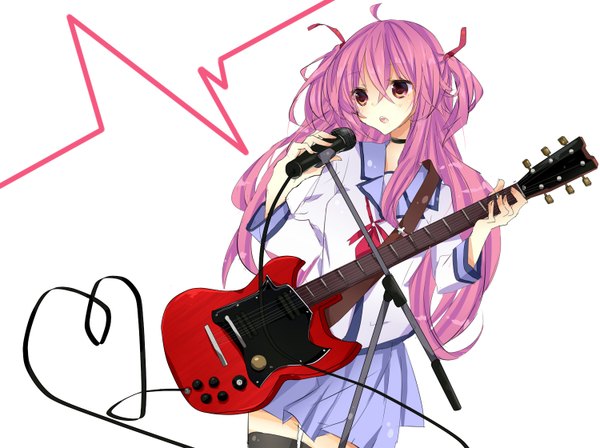 Anime picture 1500x1120 with angel beats! key (studio) yui (angel beats!) single long hair fringe simple background red eyes white background pink hair two side up singing girl uniform ribbon (ribbons) hair ribbon school uniform microphone guitar microphone stand