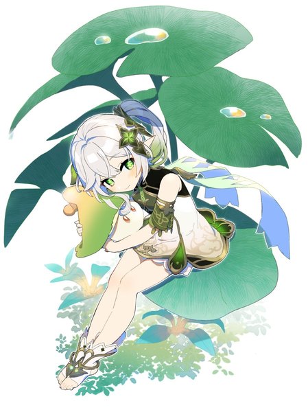 Anime picture 899x1202 with genshin impact nahida (genshin impact) fungi (genshin impact) ydasige11 single long hair tall image looking at viewer blush fringe simple background smile hair between eyes white background sitting holding green eyes silver hair full body multicolored hair
