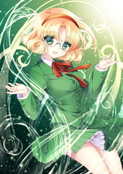 Anime picture 848x1200 with magic knight rayearth clamp hououji fuu mikazuki sara single tall image fringe short hair open mouth blonde hair green eyes :d wind looking down spread arms girl skirt uniform school uniform glasses