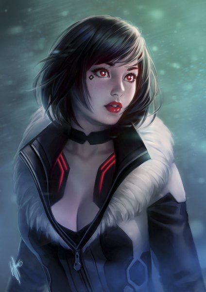 Anime picture 720x1018 with original warrenlouw single tall image fringe short hair breasts black hair red eyes signed looking away cleavage parted lips lips open jacket fur trim lipstick eyeshadow red lipstick girl