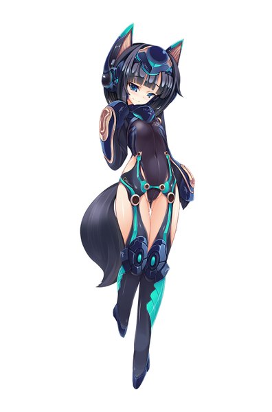 Anime picture 1056x1600 with original torisan single tall image looking at viewer blush short hair blue eyes light erotic black hair simple background smile white background animal ears tail animal tail covered navel girl bodysuit