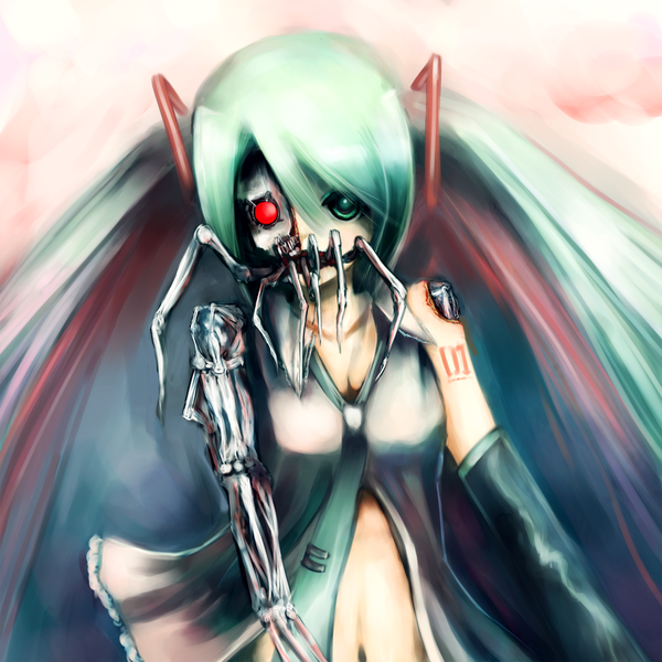 Anime picture 1500x1500 with vocaloid bacterial contamination (vocaloid) hatsune miku fg (pixiv) single long hair red eyes twintails multicolored hair aqua eyes green hair aqua hair tattoo heterochromia mechanical parts girl navel detached sleeves necktie monster