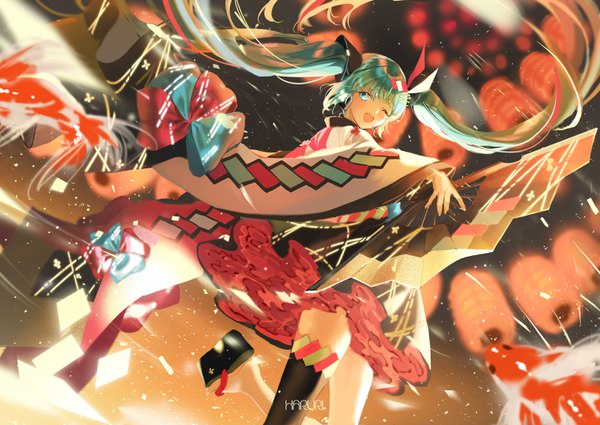 Anime picture 3035x2150 with vocaloid magical mirai (vocaloid) hatsune miku magical mirai miku magical mirai miku (2020 summer) haruri single long hair looking at viewer blush highres open mouth standing signed absurdres one eye closed aqua eyes wink aqua hair standing on one leg