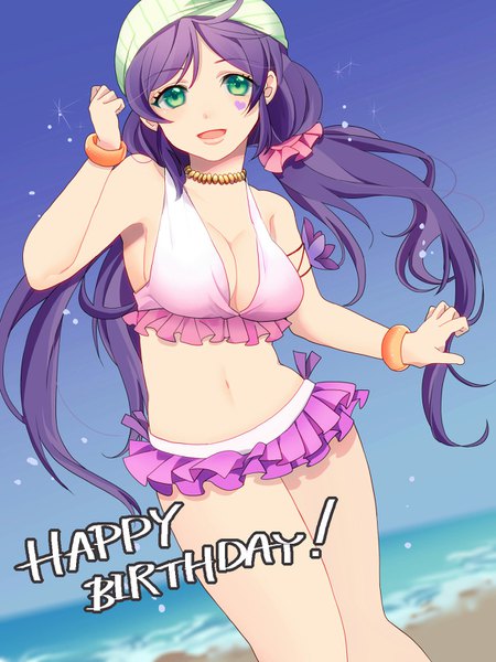 Anime picture 1200x1600 with love live! school idol project sunrise (studio) love live! toujou nozomi mihatarou single long hair tall image looking at viewer breasts open mouth light erotic large breasts twintails green eyes purple hair beach low twintails happy birthday girl