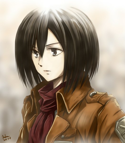 Anime picture 1167x1335 with shingeki no kyojin production i.g mikasa ackerman kem kem single tall image looking at viewer short hair black hair black eyes girl jacket scarf red scarf