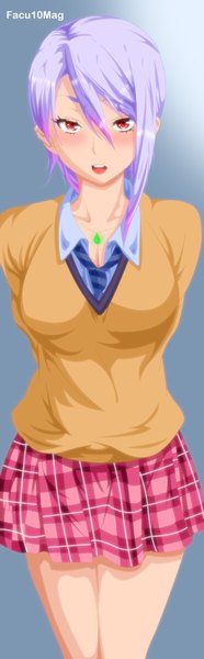 Anime picture 600x1926 with shokugeki no soma j.c. staff nakiri alice facu10mag single tall image looking at viewer blush short hair breasts red eyes purple hair hands behind back girl skirt sweater