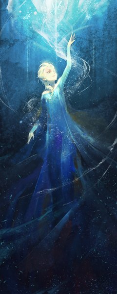 Anime picture 500x1250 with frozen (disney) disney elsa (frozen) cancer (zjcconan) single long hair tall image open mouth blue eyes blonde hair braid (braids) snowing looking up weightlessness girl dress snowflake (snowflakes)