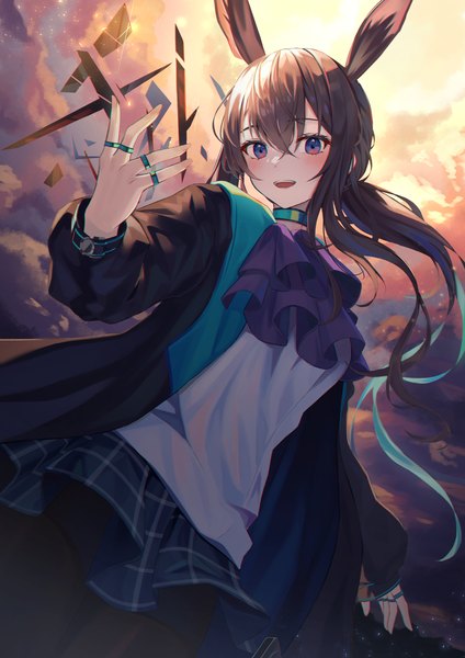 Anime picture 2026x2865 with arknights amiya (arknights) hyonee single long hair tall image fringe highres open mouth hair between eyes brown hair purple eyes animal ears :d from below bunny ears low ponytail girl ring