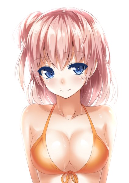 Anime picture 1200x1700 with yahari ore no seishun love comedy wa machigatteiru. brains base (studio) yuigahama yui heirou single tall image looking at viewer blush short hair breasts blue eyes light erotic simple background smile large breasts white background bare shoulders pink hair wet girl