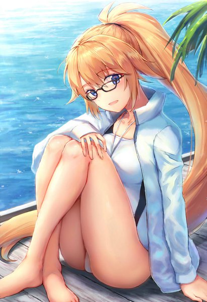 Anime picture 710x1033 with fate (series) fate/grand order jeanne d'arc (fate) (all) jeanne d'arc (swimsuit archer) yan h chau single long hair tall image looking at viewer blush fringe blue eyes light erotic hair between eyes sitting payot full body ponytail braid (braids) barefoot
