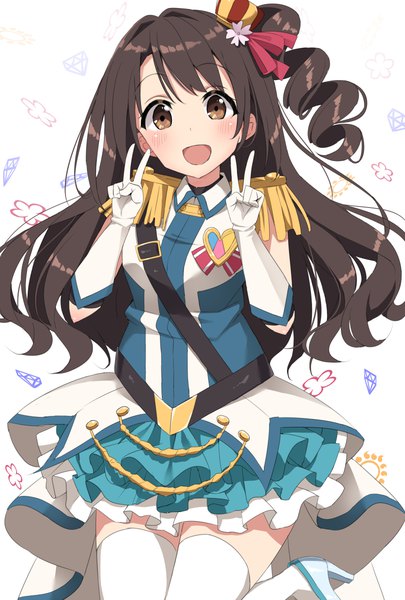 Anime picture 810x1200 with idolmaster idolmaster cinderella girls shimamura uzuki fupe (sealno108) single long hair tall image looking at viewer blush fringe open mouth simple background smile brown hair white background brown eyes :d high heels one side up victory