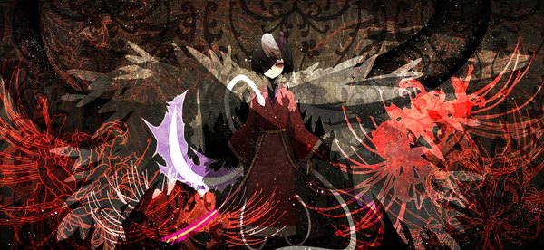 Anime picture 1950x900 with pop'n music gijiri ako (ravennightley) single highres short hair black hair red eyes wide image standing silver hair traditional clothes multicolored hair grey hair two-tone hair dark background spread arms transparent outline boy
