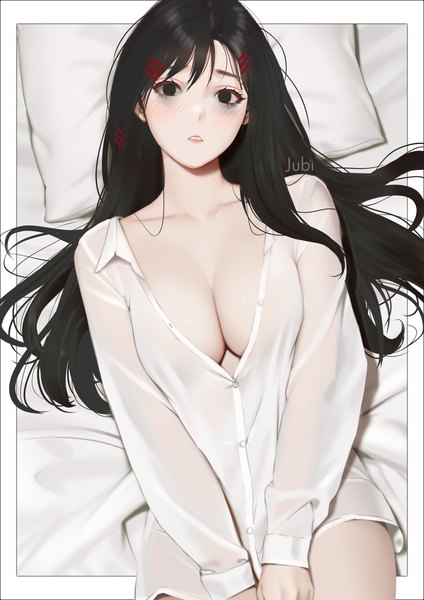 Anime picture 2480x3508 with original alyssa (jubi) jubi (regiana) single long hair tall image looking at viewer highres breasts light erotic black hair large breasts signed cleavage lying parted lips black eyes on back open collar naked shirt