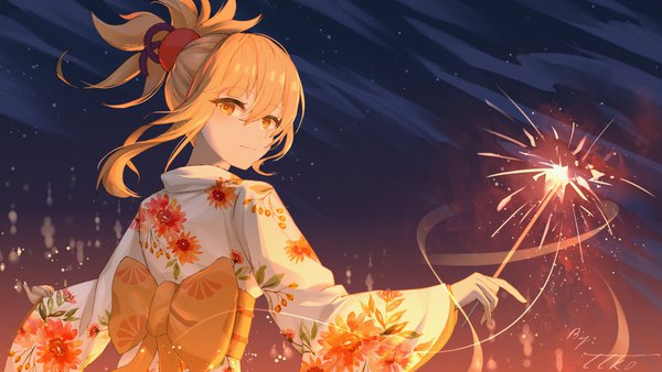 Anime picture 6300x3544 with genshin impact yoimiya (genshin impact) w-t single fringe highres short hair blonde hair smile hair between eyes wide image signed yellow eyes absurdres upper body traditional clothes japanese clothes looking back from behind floral print