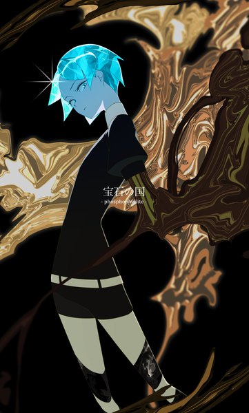 Anime picture 834x1387 with houseki no kuni phosphophyllite gomibukurokarasu single tall image looking at viewer short hair simple background aqua eyes aqua hair puffy sleeves copyright name character names androgynous spoilers gold