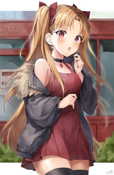 Anime picture 1848x2824 with fate (series) fate/grand order ereshkigal (fate) ishida umi single long hair tall image looking at viewer blush fringe highres breasts blonde hair red eyes standing signed nail polish fingernails off shoulder open jacket