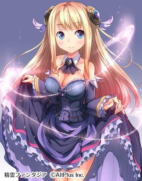 Anime picture 1000x1273 with original matsuuni single long hair tall image blush fringe breasts blue eyes light erotic simple background blonde hair large breasts bare shoulders holding signed looking away cleavage light smile wide sleeves