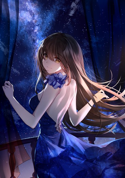 Anime picture 1000x1415 with warship girls r hermes (warship girls r) bison cangshu single long hair tall image looking at viewer fringe breasts smile hair between eyes brown hair standing bare shoulders yellow eyes payot outdoors looking back from behind night