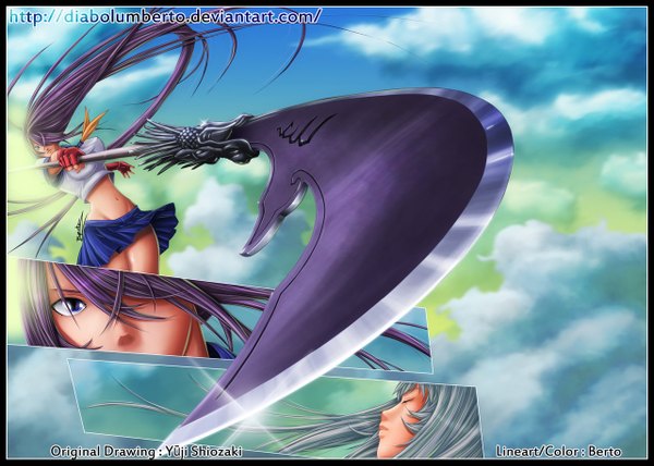 Anime picture 1280x915 with ikkitousen kanu unchou chouun shiryuu diabolumberto long hair fringe light erotic purple eyes blue hair sky purple hair cloud (clouds) eyes closed very long hair profile hair over one eye midriff coloring girl gloves