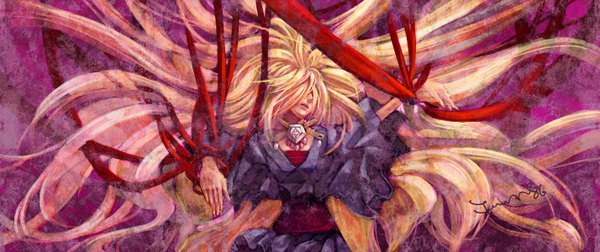 Anime picture 1427x600 with original sail (pixiv) single blonde hair wide image very long hair bondage hair over eyes girl ribbon (ribbons)