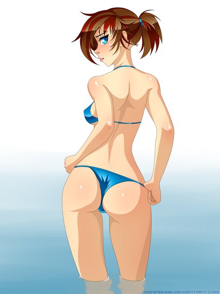 Anime picture 3000x4000 with ronin dude (ray cornwell) single tall image looking at viewer blush highres short hair blue eyes light erotic standing ass ponytail profile looking back multicolored hair from behind two-tone hair girl swimsuit bikini