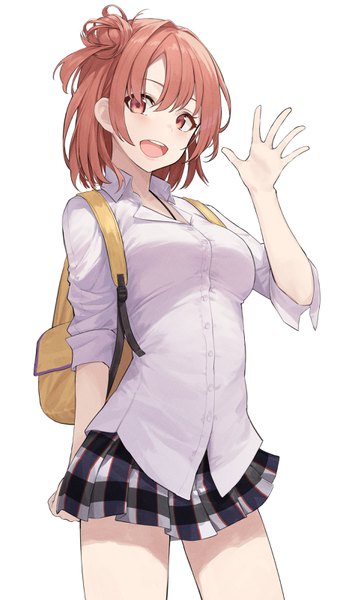 Anime picture 1799x3200 with yahari ore no seishun love comedy wa machigatteiru. brains base (studio) yuigahama yui star741 single tall image looking at viewer blush fringe highres short hair open mouth simple background hair between eyes brown hair standing white background head tilt :d pleated skirt