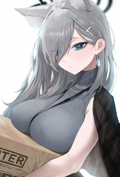Anime-Bild 1696x2509 mit blue archive shiroko (blue archive) shiroko terror (blue archive) kazane-wind single long hair tall image looking at viewer fringe breasts blue eyes light erotic simple background large breasts white background animal ears upper body grey hair hair over one eye alternate costume